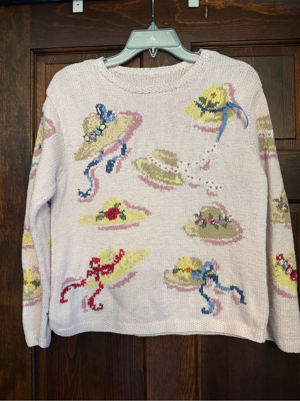 Talbots Hand Knit Cottage Core Granny Sweater Pink Garden Hats Long Sleeve